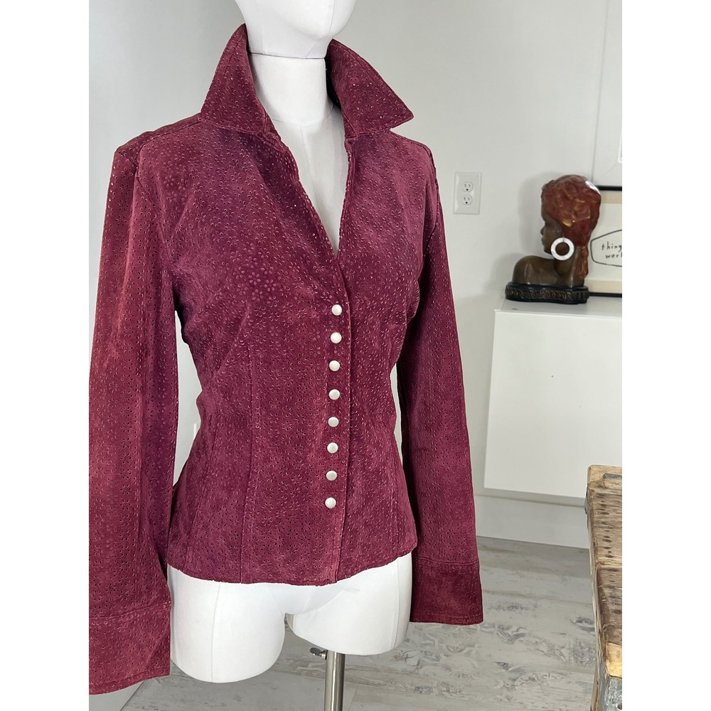 Aria 100% Leather Jacket Eyelet Wine Red Snap Button Front Size M